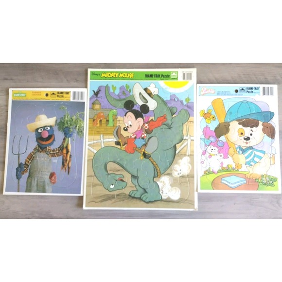 Golden Goose Other - Lot Of 3 Vintage Golden Frame Tray Puzzles Farmer Grover, Poochie, Mickey Mouse